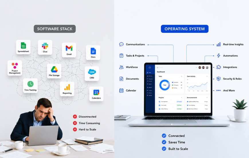 Comparison of a disconnected software stack and a unified business operating system.