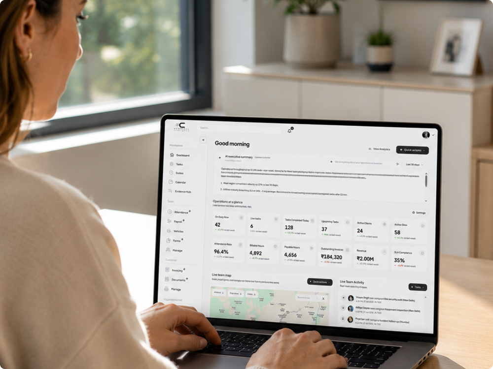 Every engineer visible as a live pin on the map. Every site. Every job. In real time.