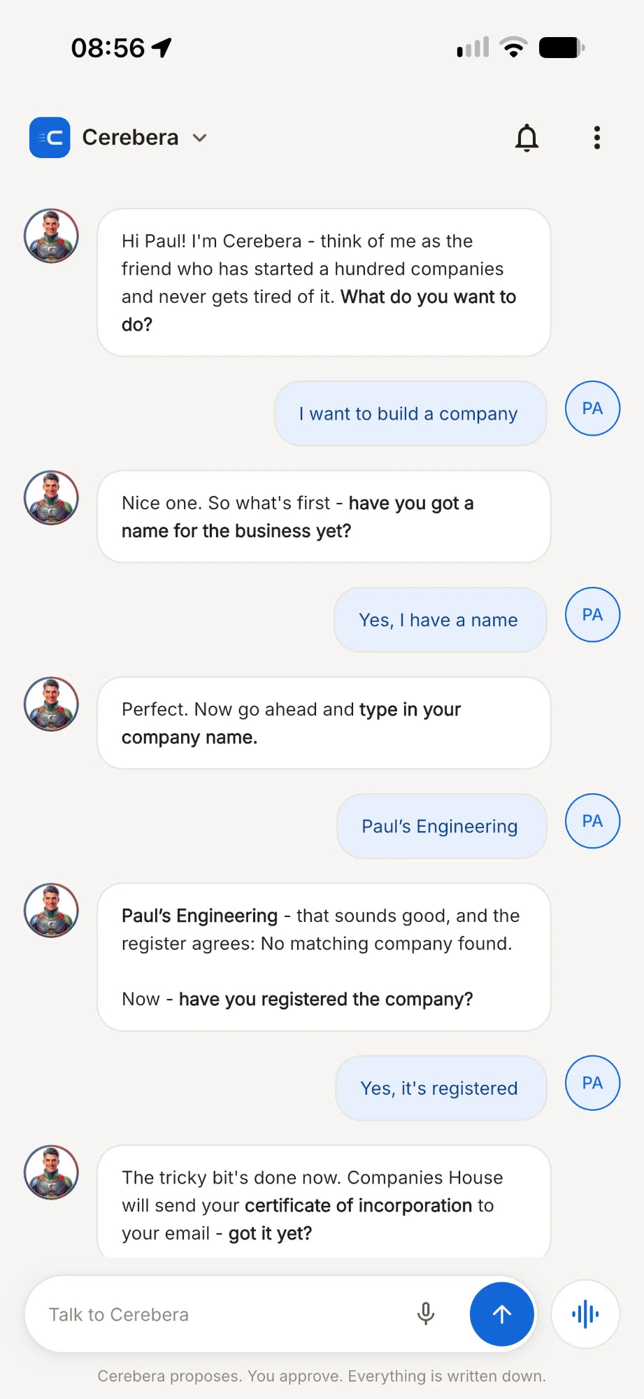 The real Cerebera Build onboarding conversation