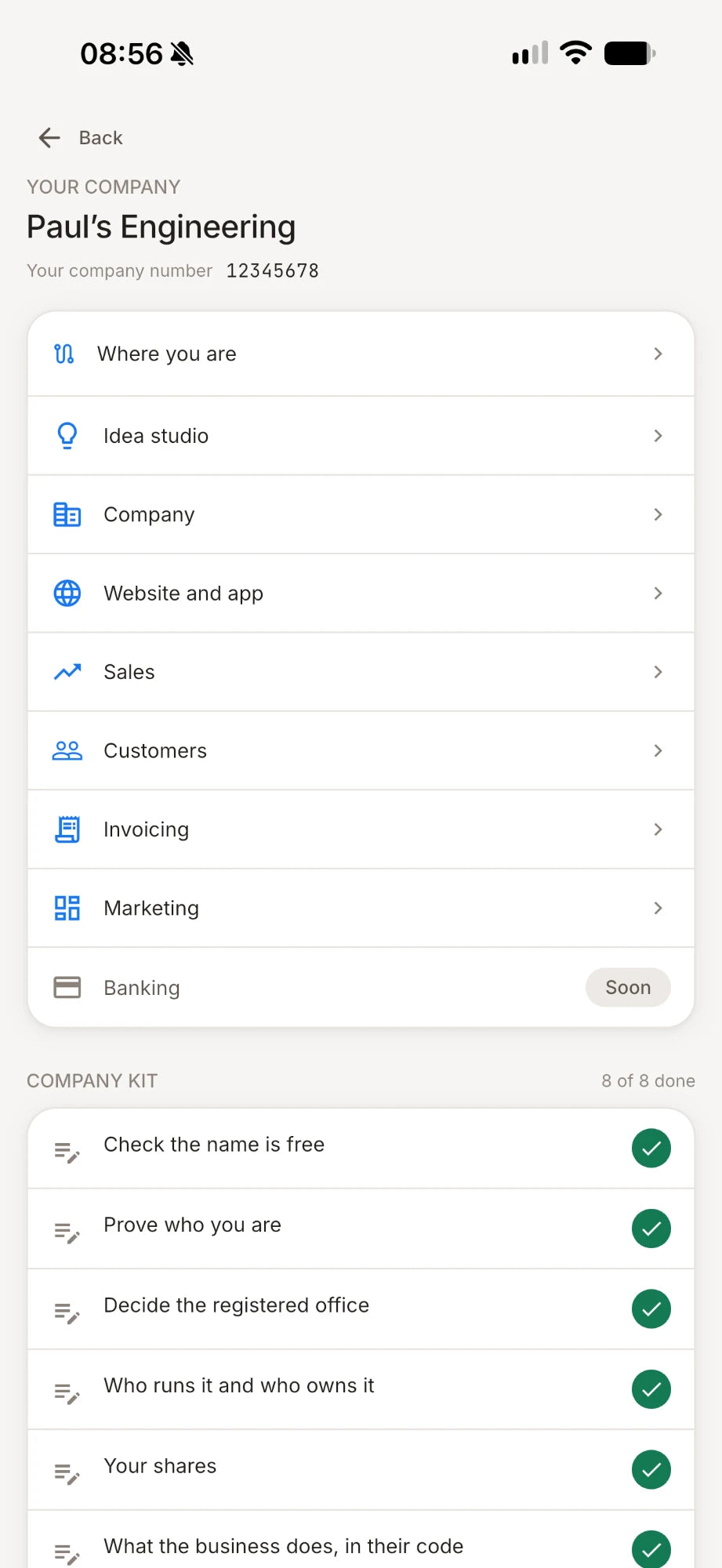 Your company dashboard in Cerebera Build, with every module listed