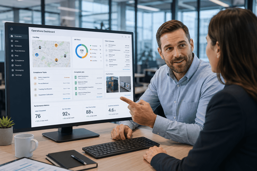 Operations manager using a unified field operations dashboard with live workforce visibility and job tracking.