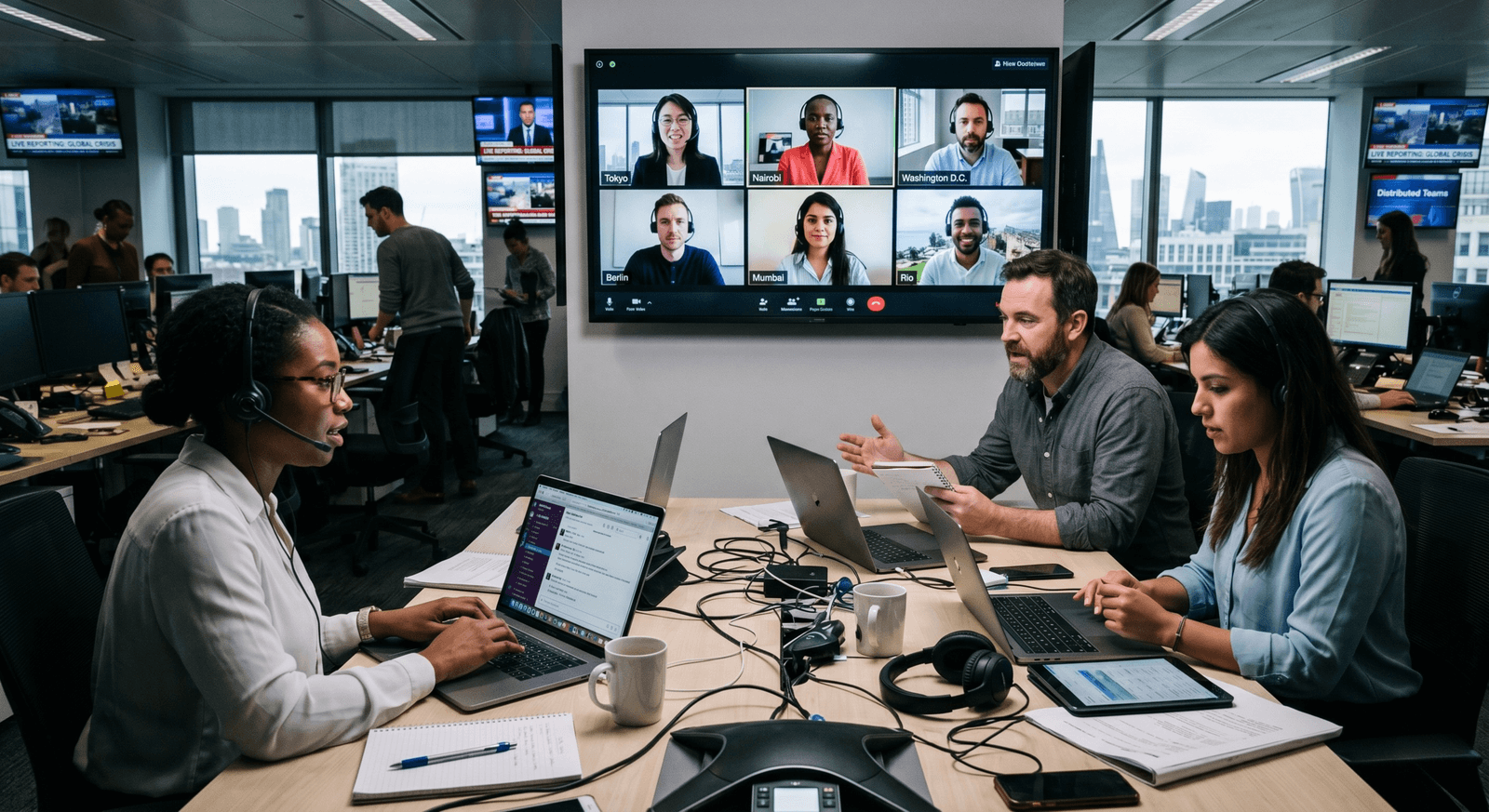 Journalists working across distributed reporting environments.