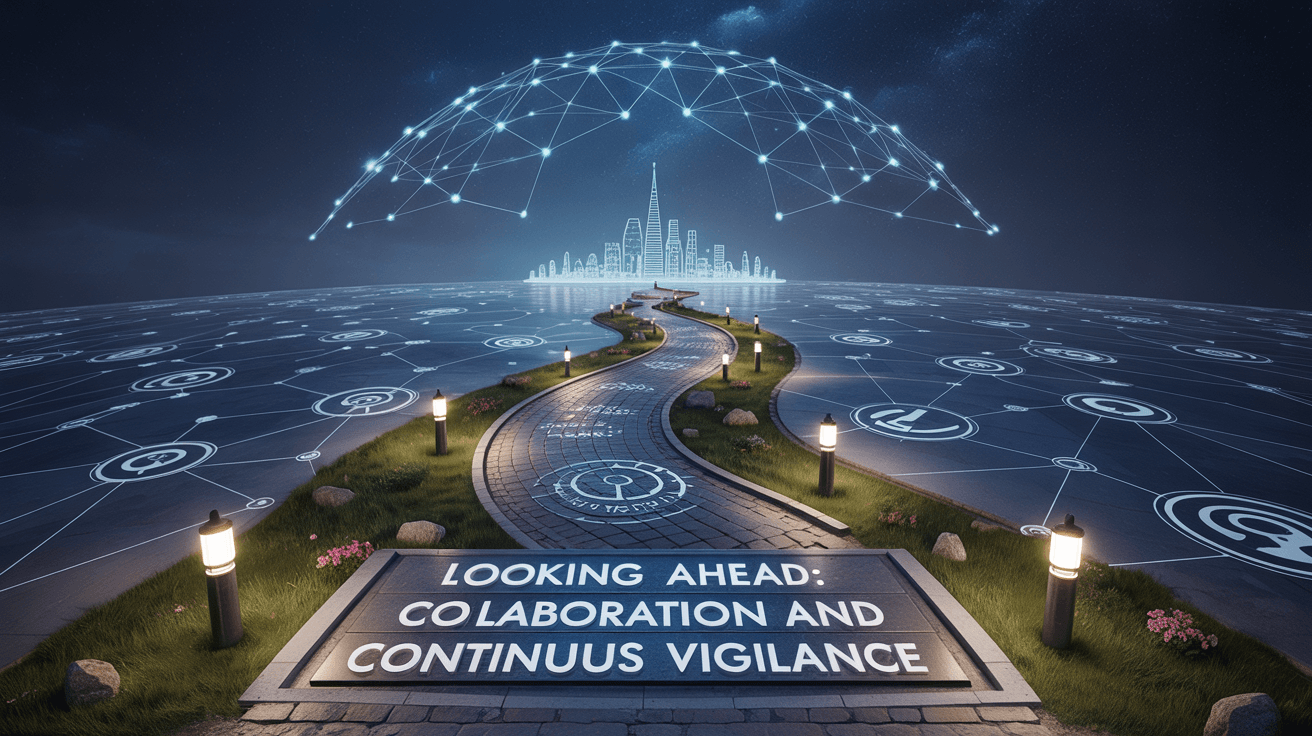 A curved pathway leads to a digital city skyline under a starry night. Text reads "LOOKING AHEAD: COLLABORATION AND CONTINUOUS VIGILANCE."