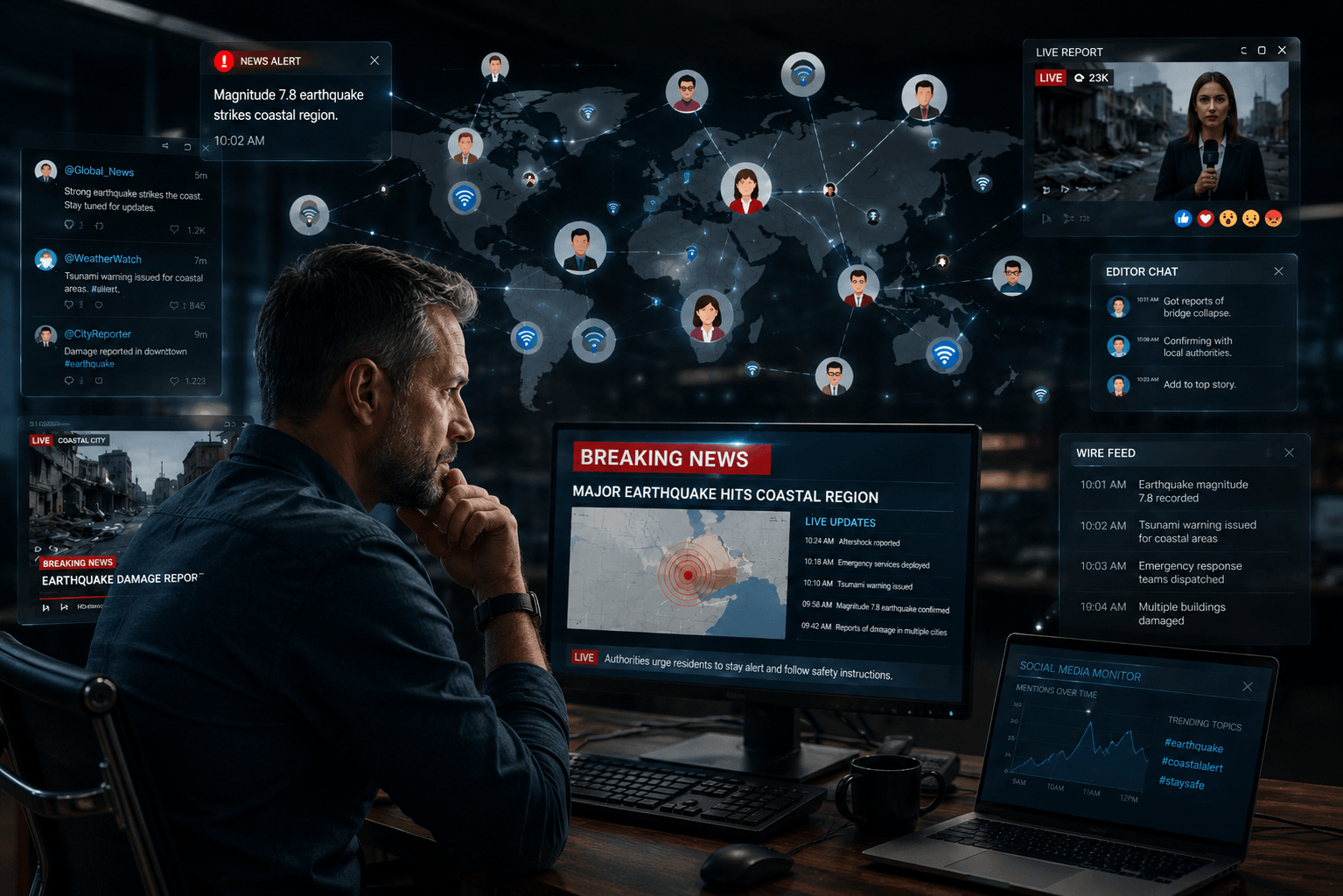 Editor managing breaking news across multiple disconnected communication channels