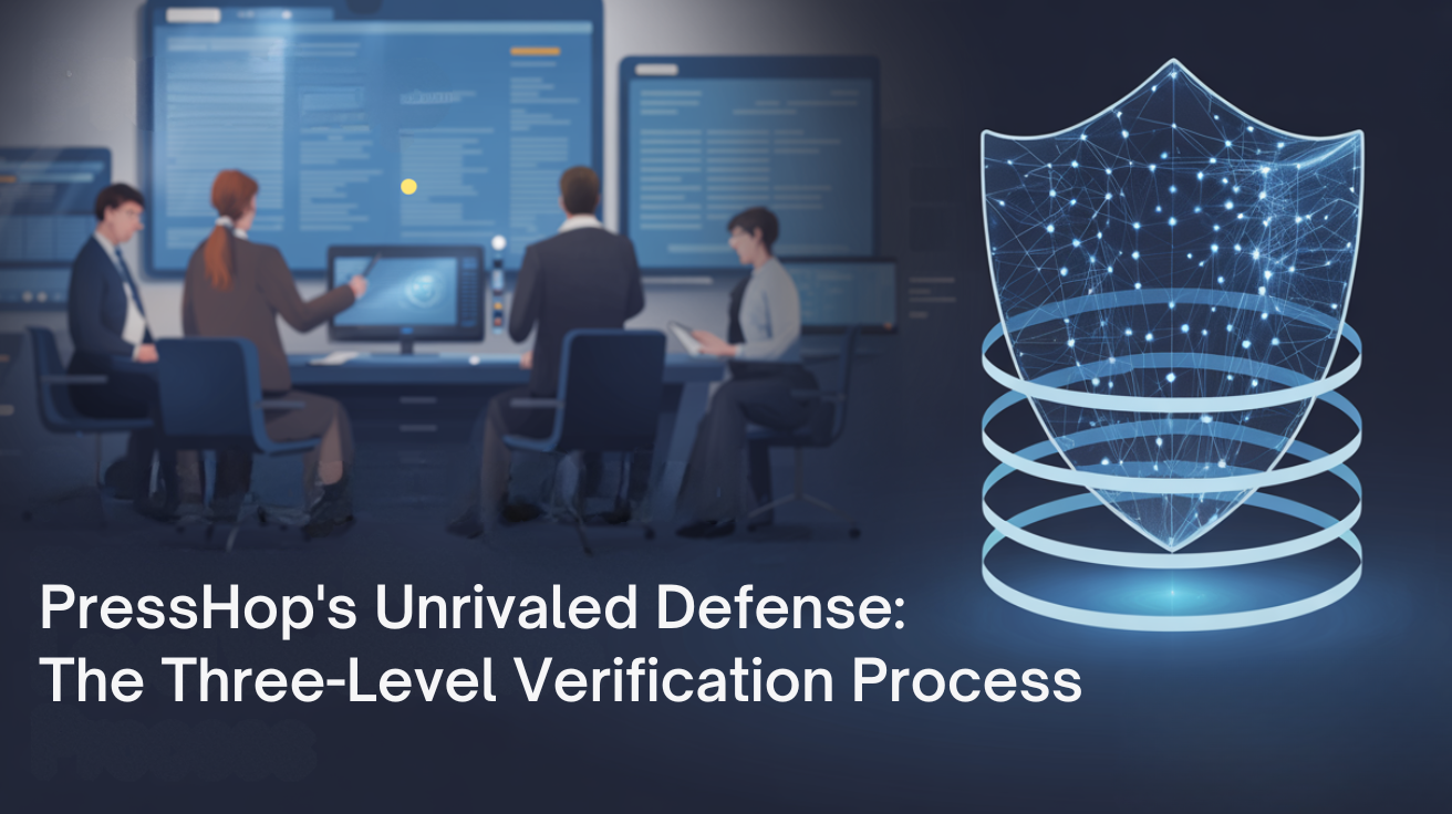 Professionals working at computers in a dim office. Blue screens display data. A digital shield graphic symbolizes security. Text: "PressHop's Unrivaled Defense: The Three-Level Verification Process."