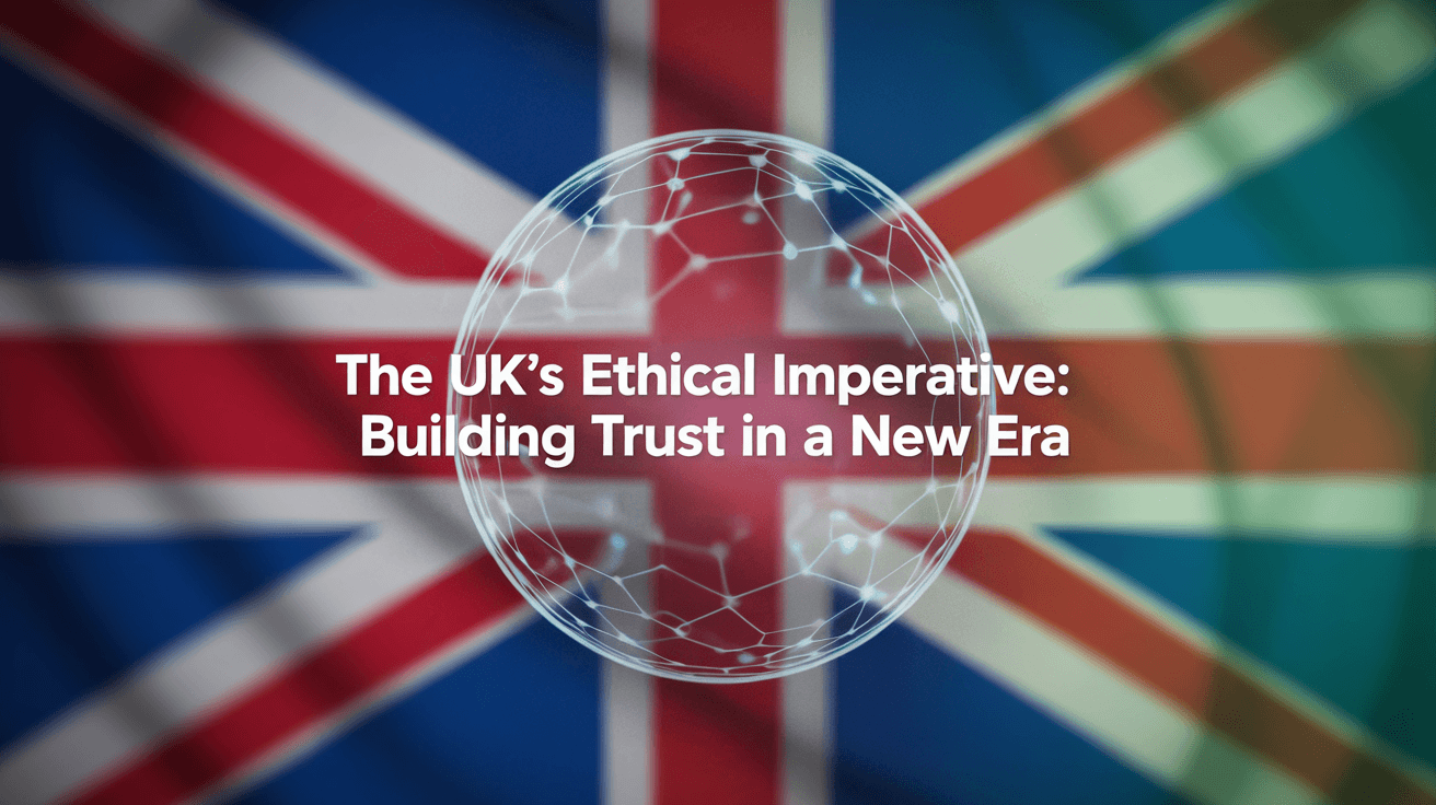 UK flag background with a digital globe overlay. Text reads "The UK’s Ethical Imperative: Building Trust in a New Era" in bold white font.