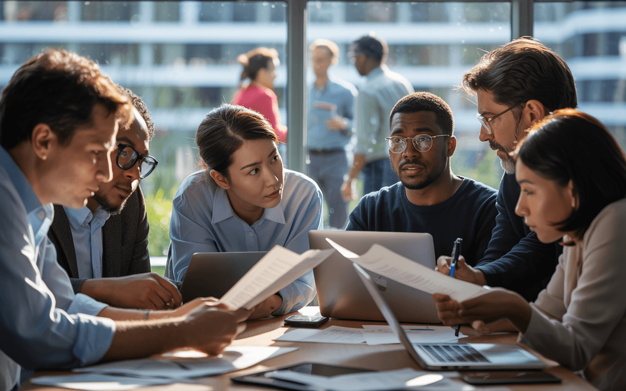 A diverse group of people in a bright office are focused on papers and laptops, engaged in discussion. Sunlight streams through large windows.