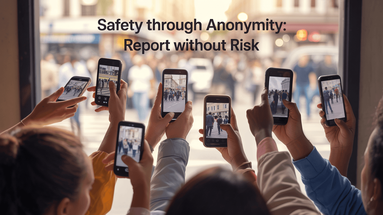 People holding smartphones capturing a public scene. Text: "Safety through Anonymity: Report without Risk." Busy urban background.