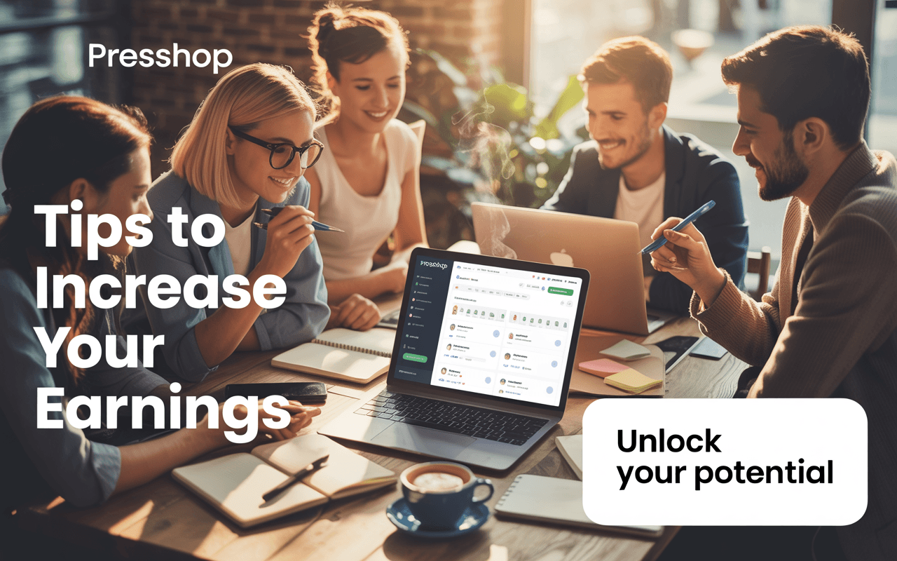 Four people in a meeting, smiling around a laptop displaying a dashboard. Text: "Presshop, Tips to Increase Your Earnings, Unlock your potential."