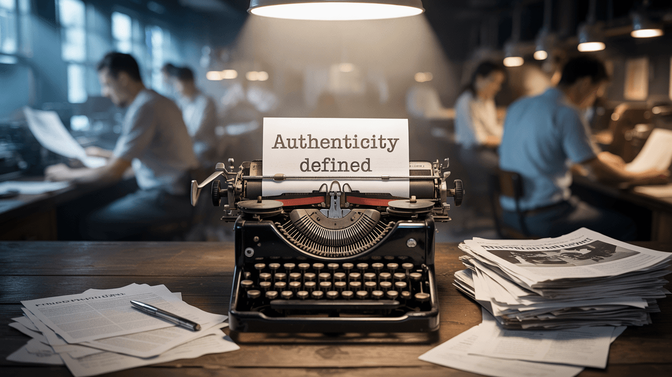 Typewriter with "Authenticity defined" in a dim office. People read papers in the background. Moody, with stacks of documents and warm light.
