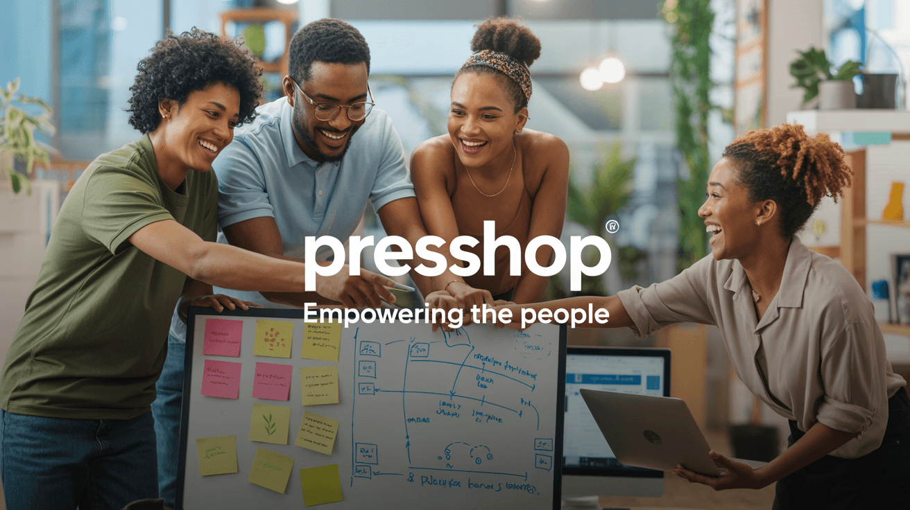 Four people smiling and collaborating around a whiteboard with sticky notes in a bright office. Text: presshop, Empowering the people.