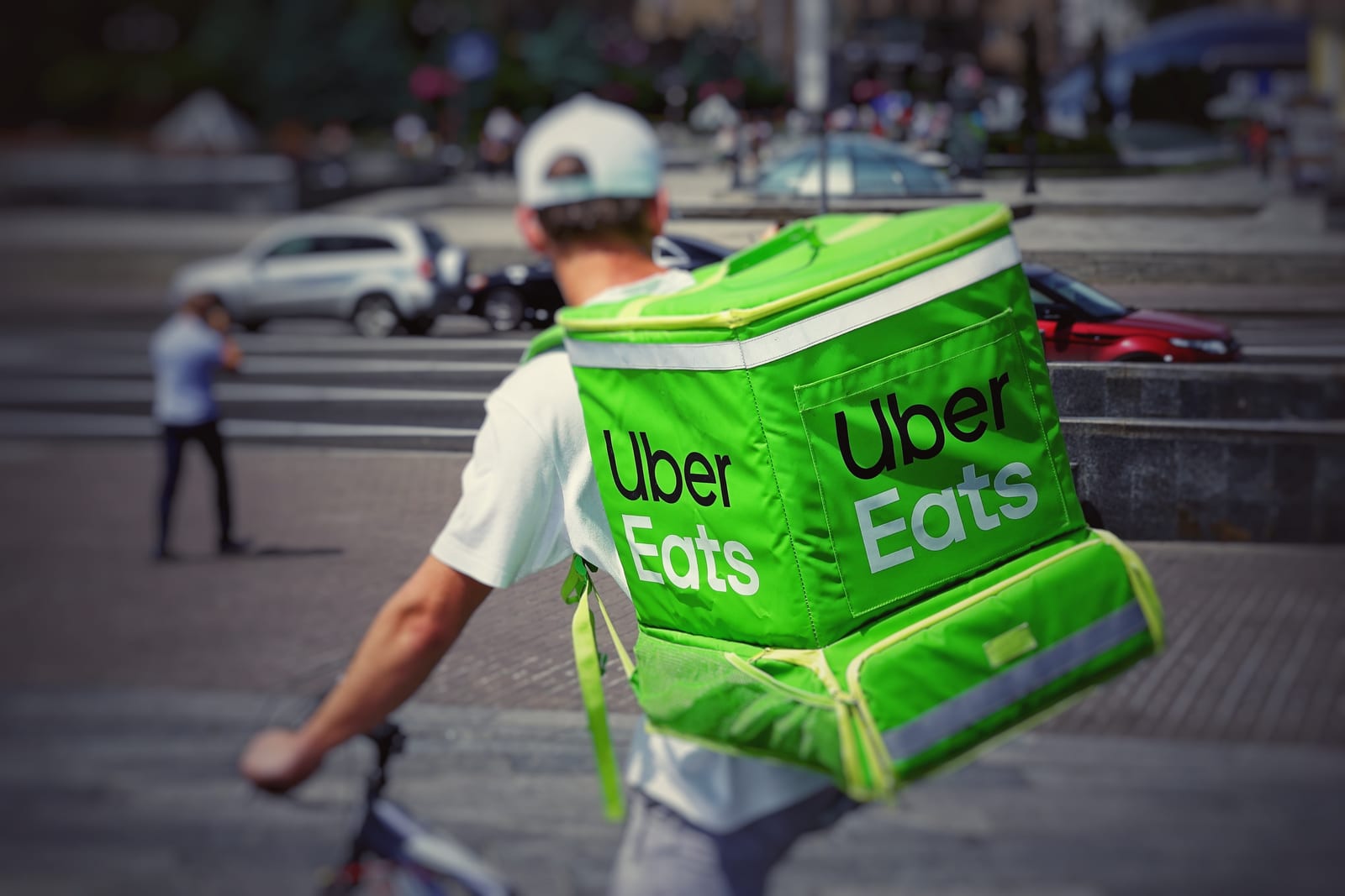 An Uber Eats rider delivering food in London