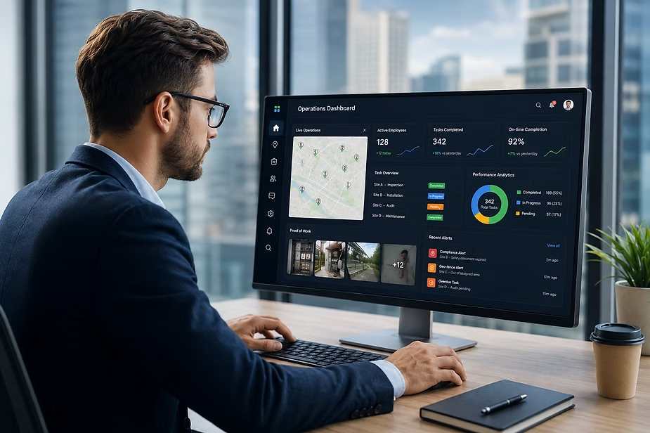 Professional viewing a modern AI operations dashboard with live workforce and performance data.