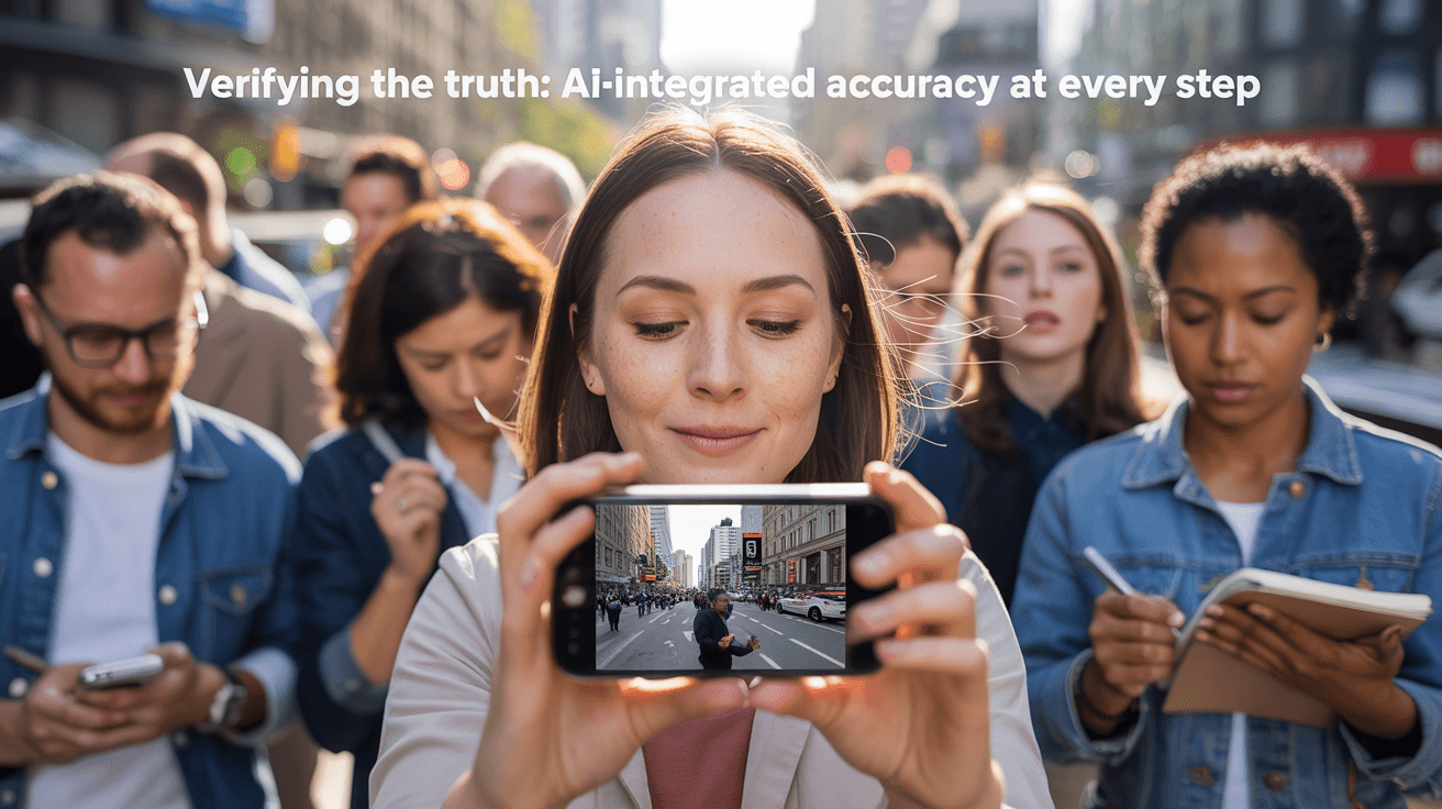 A woman holds a phone capturing a city scene. People in the background are using phones and writing. Text reads Verifying the truth: AI-integrated accuracy at every step.