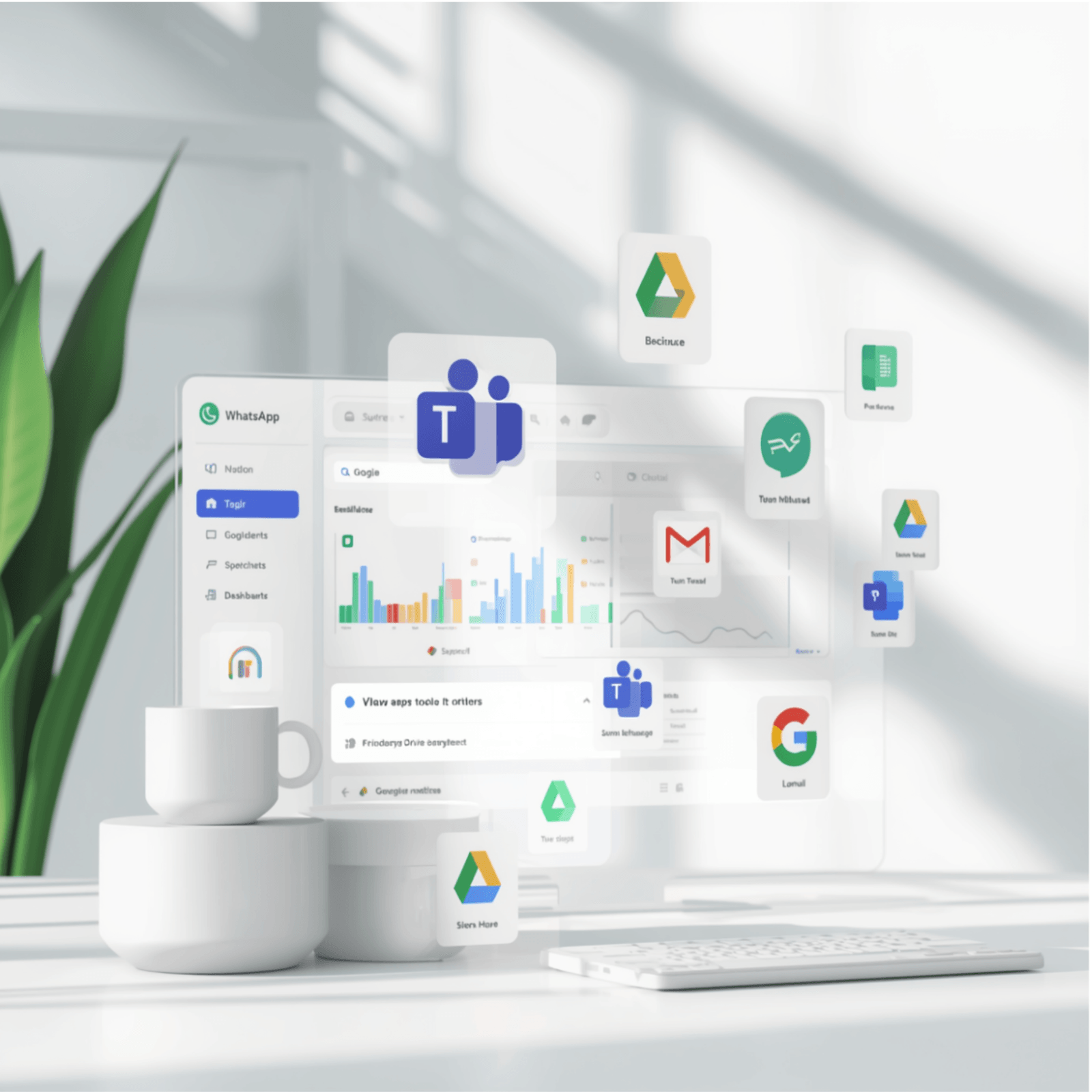 Diagram showing six disconnected tools used in a typical newsroom: WhatsApp, Slack, Microsoft Teams, Gmail, Google Drive and spreadsheets