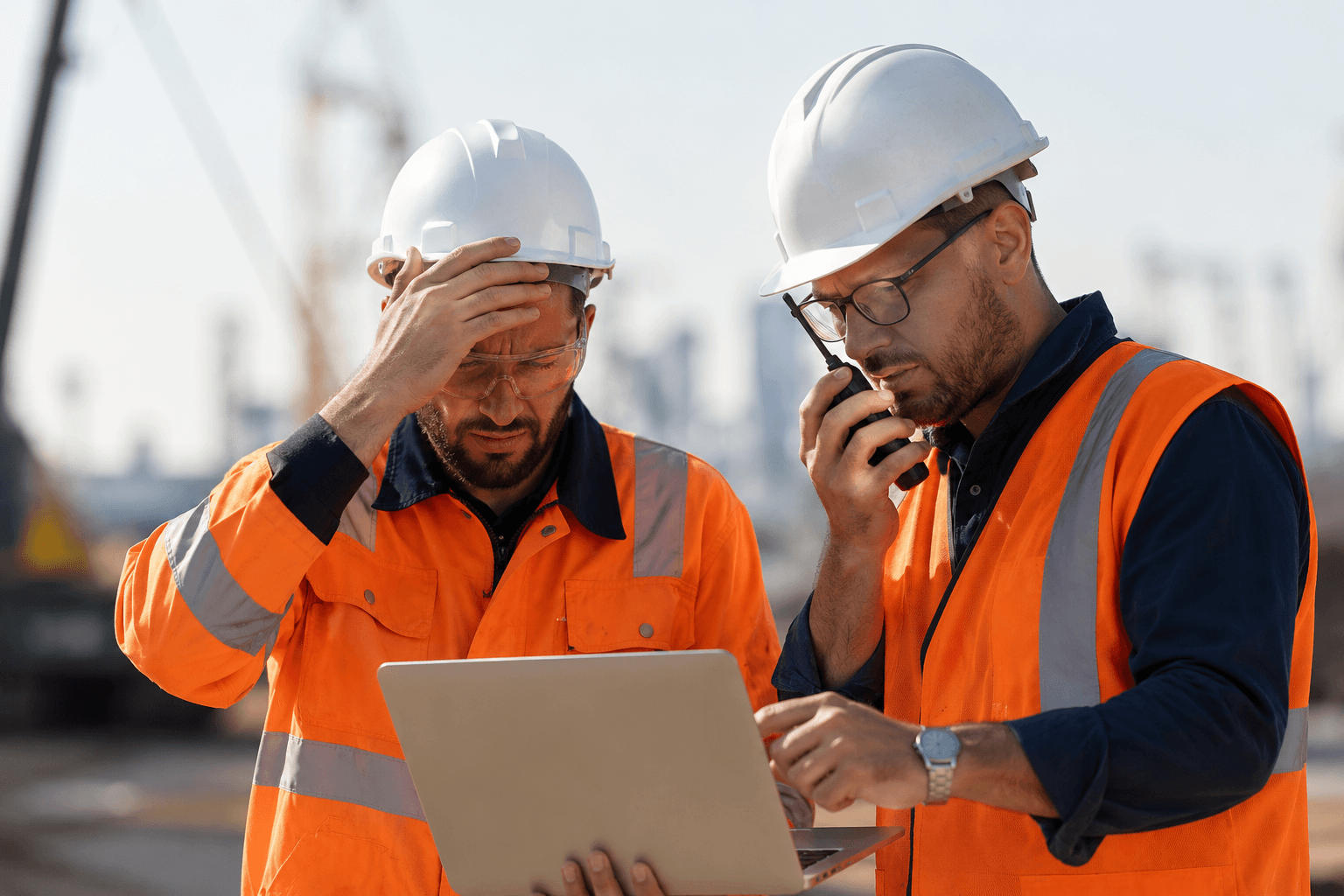 Two field operations workers in safety gear coordinating under pressure on-site, highlighting the challenges of managing distributed operations and real-time decision-making.