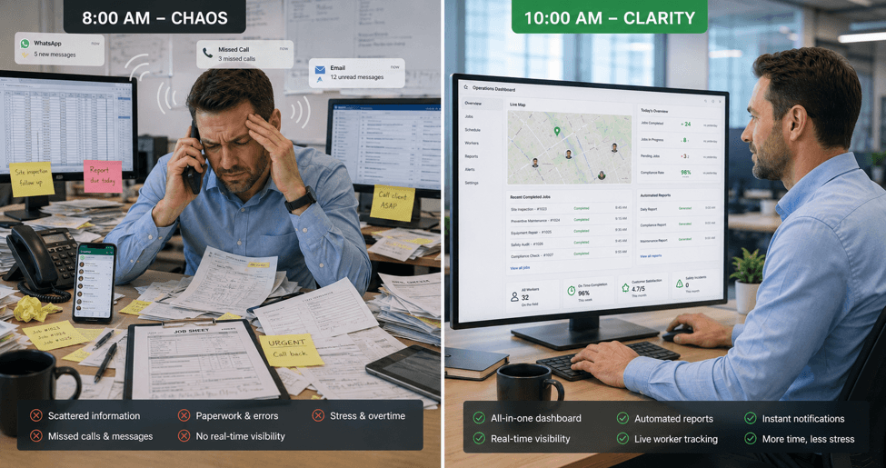 Split-screen comparison showing fragmented field operations versus a unified operations platform.