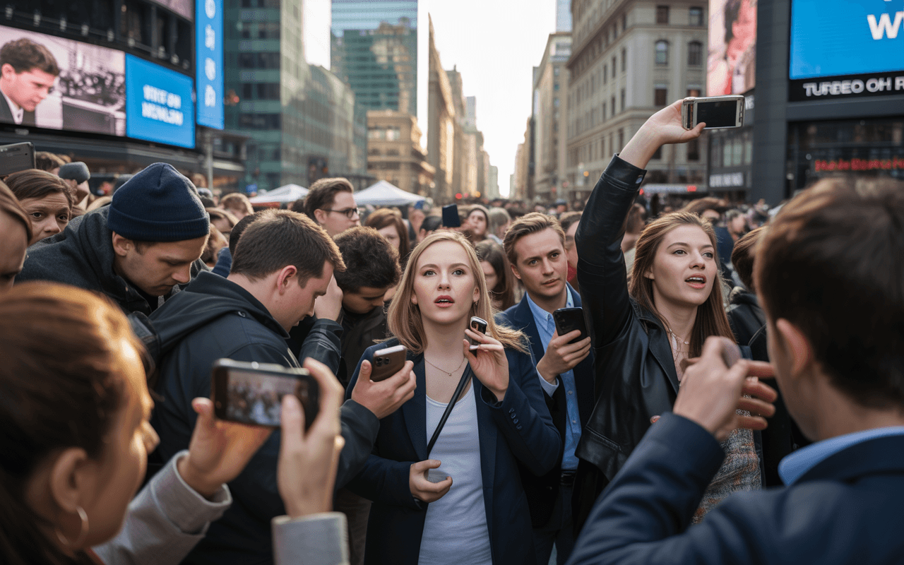 Crowd in city street, people filming with phones, large screens in background. Daytime, focused, curious expressions, busy urban vibe.