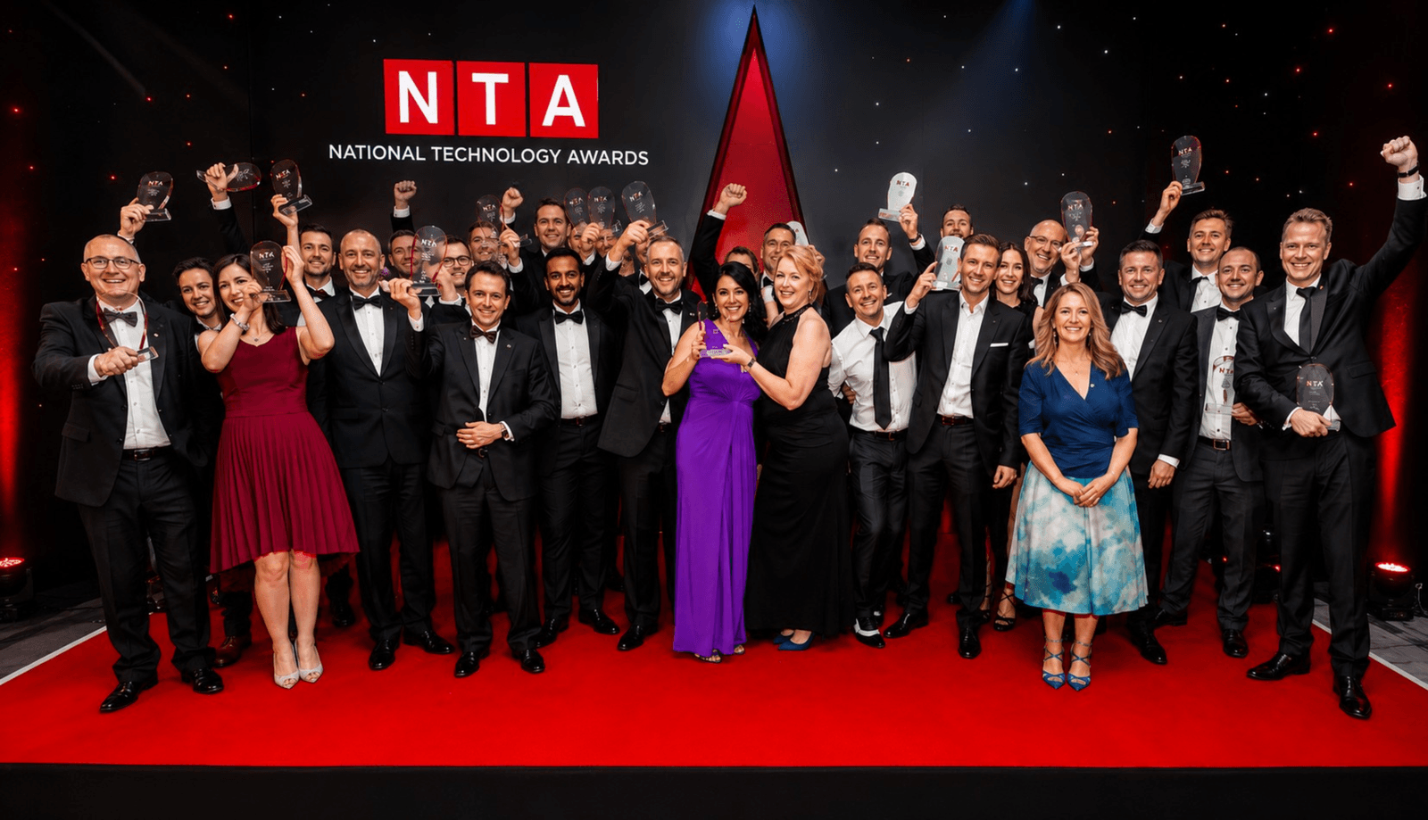 National Technology Awards 2026 winners celebrating on stage 
