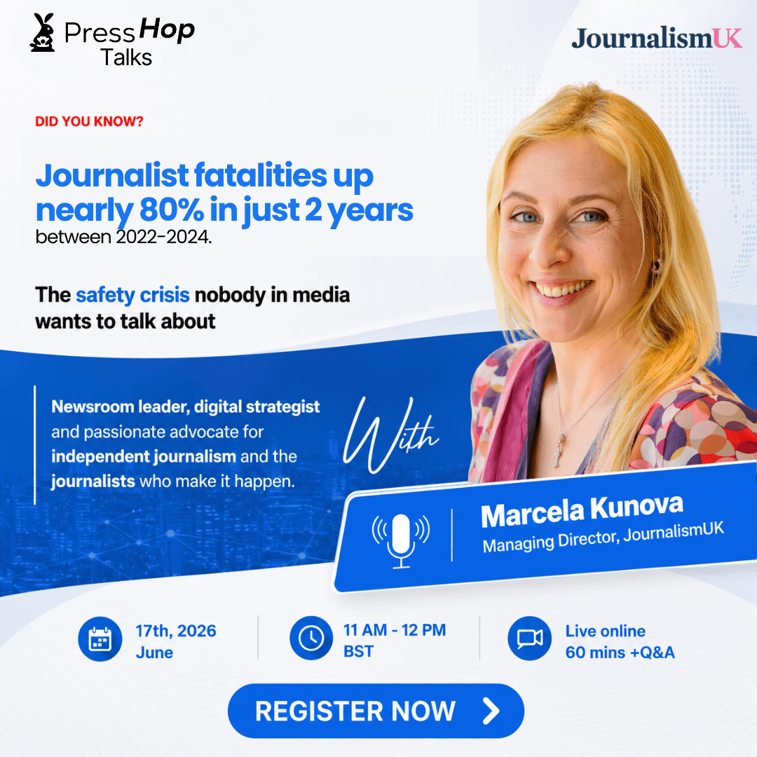 Promotional webinar visual for PressHop® Talks featuring discussion around journalist safety and newsroom operations.