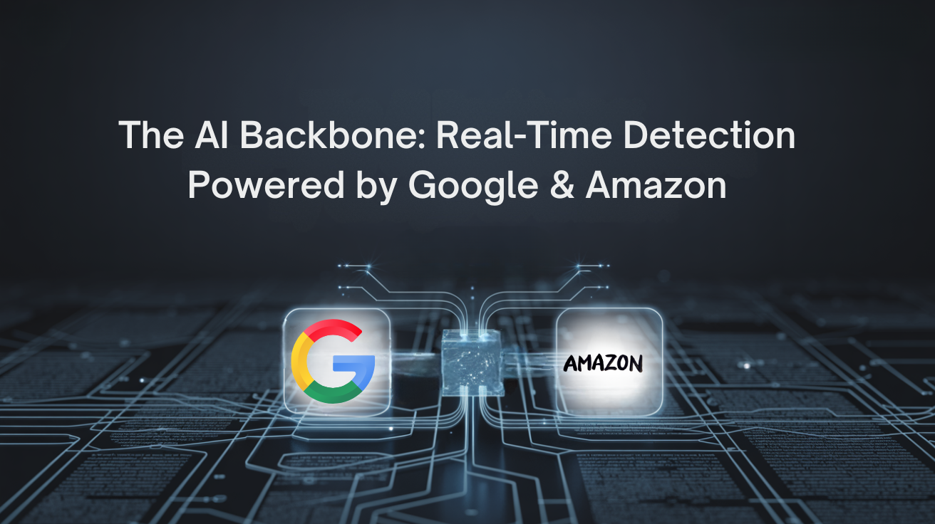 Text reads "The AI Backbone: Real-Time Detection Powered by Google & Amazon" over a digital circuit board with Google and Amazon logos.