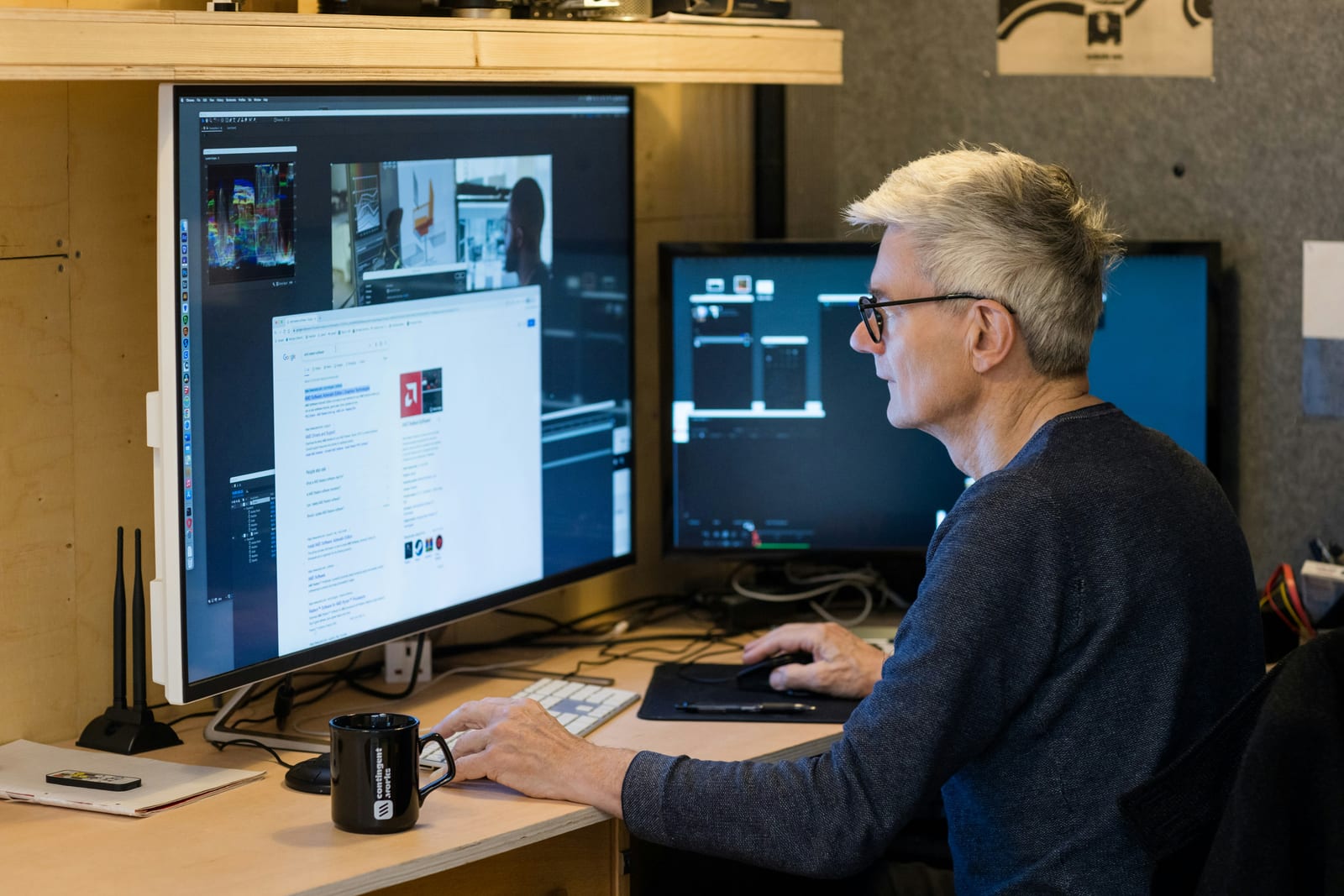 An editor managing multiple communication platforms simultaneously at their desk