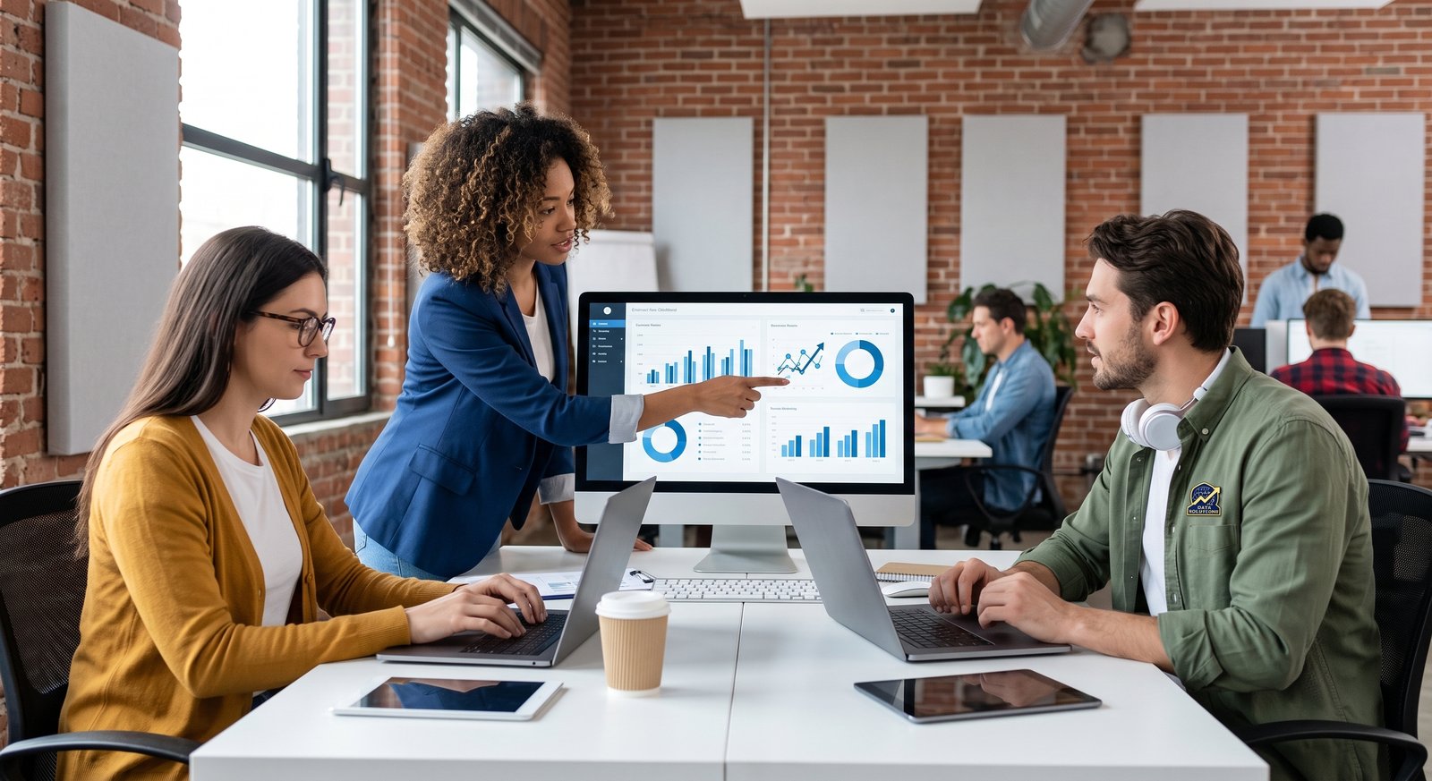 three colleagues collaborate around a desk in a modern office as one team member presents charts on a desktop monitor while others follow along on laptops.