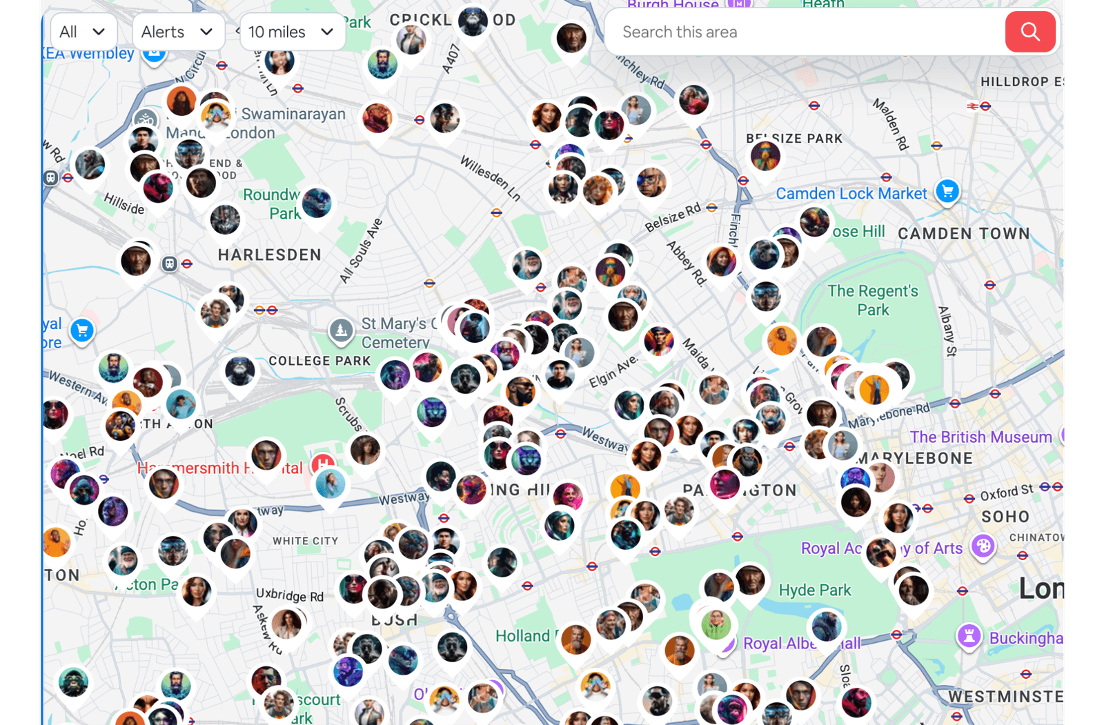 A dashboard map interface showing multiple journalist location pins across a city, representing real-time field team tracking