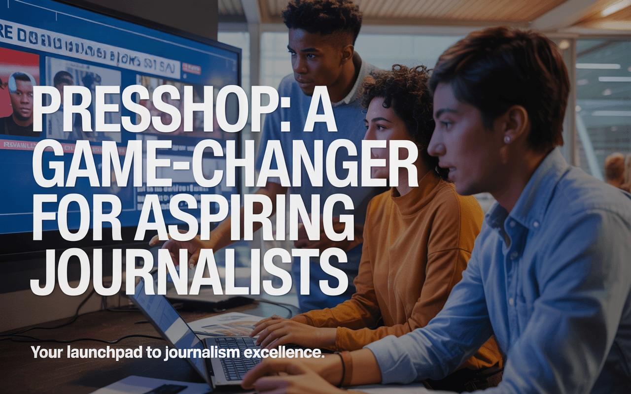 Three people focused on a computer screen displaying news. Large text reads: "Presshop: A Game-Changer for Aspiring Journalists."